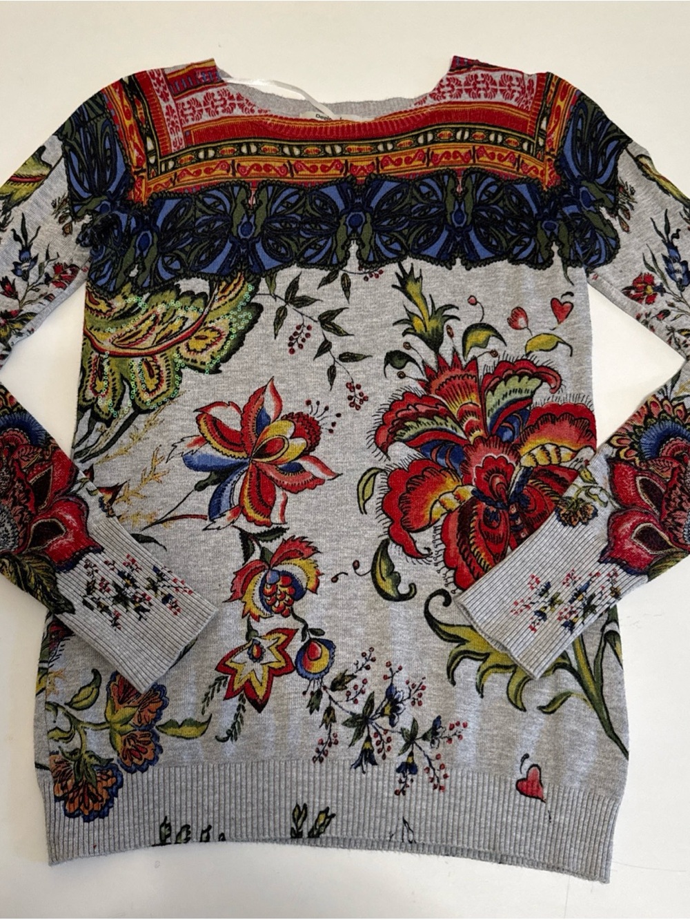 Desigual Gray Floral-Print Long Sleeve Sweater with Multicolor Accents